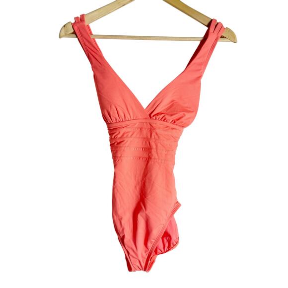 La Blanca Coral Reef Pink Island Goddess Cross-Back One Piece V-Neck Swimsuit 2 - Picture 3 of 10